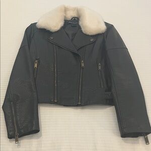 French Connection Olive Green Faux Leather Jacket with Cream faux Fur Collar